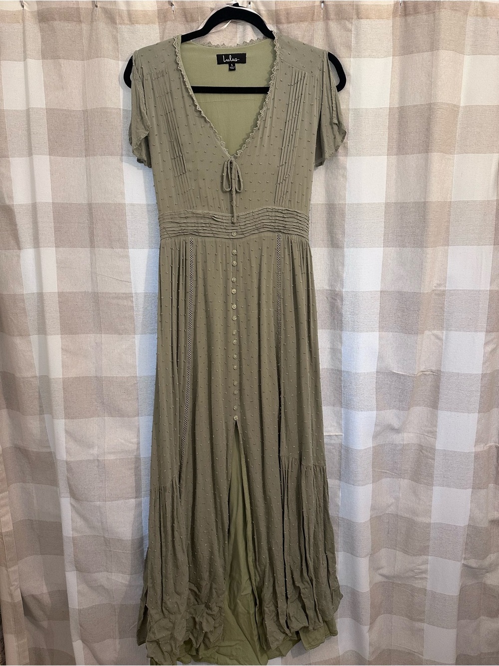 Lulu's Sage Green Tie-Front Smocked Maxi Dress